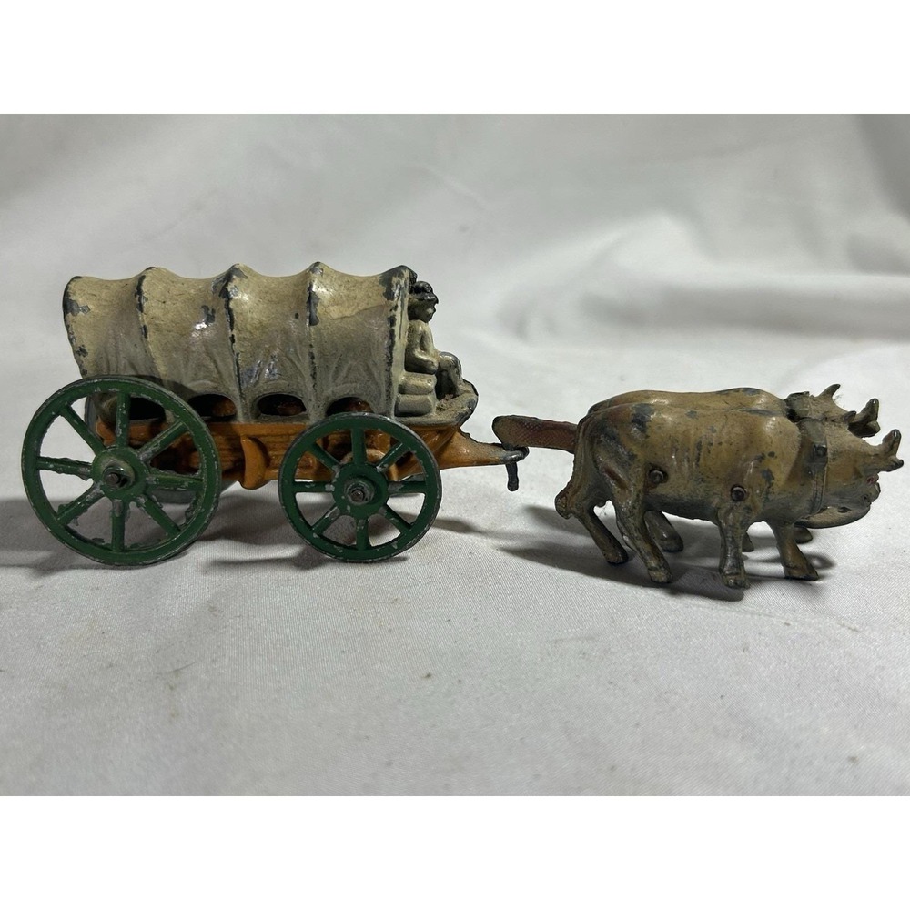 Antique Barclay Ox Drawn Wagon Lead Toy Figure Farm Collectible Display